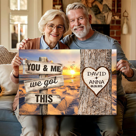 You & Me, We Got Rustic Wood Sign With Tree Heart & Sunset Beach, Personalized Canvas Wall Art, Gifts For Him Her, Poster Prints Wall Decor, Gifts For Valentine Anniversary
