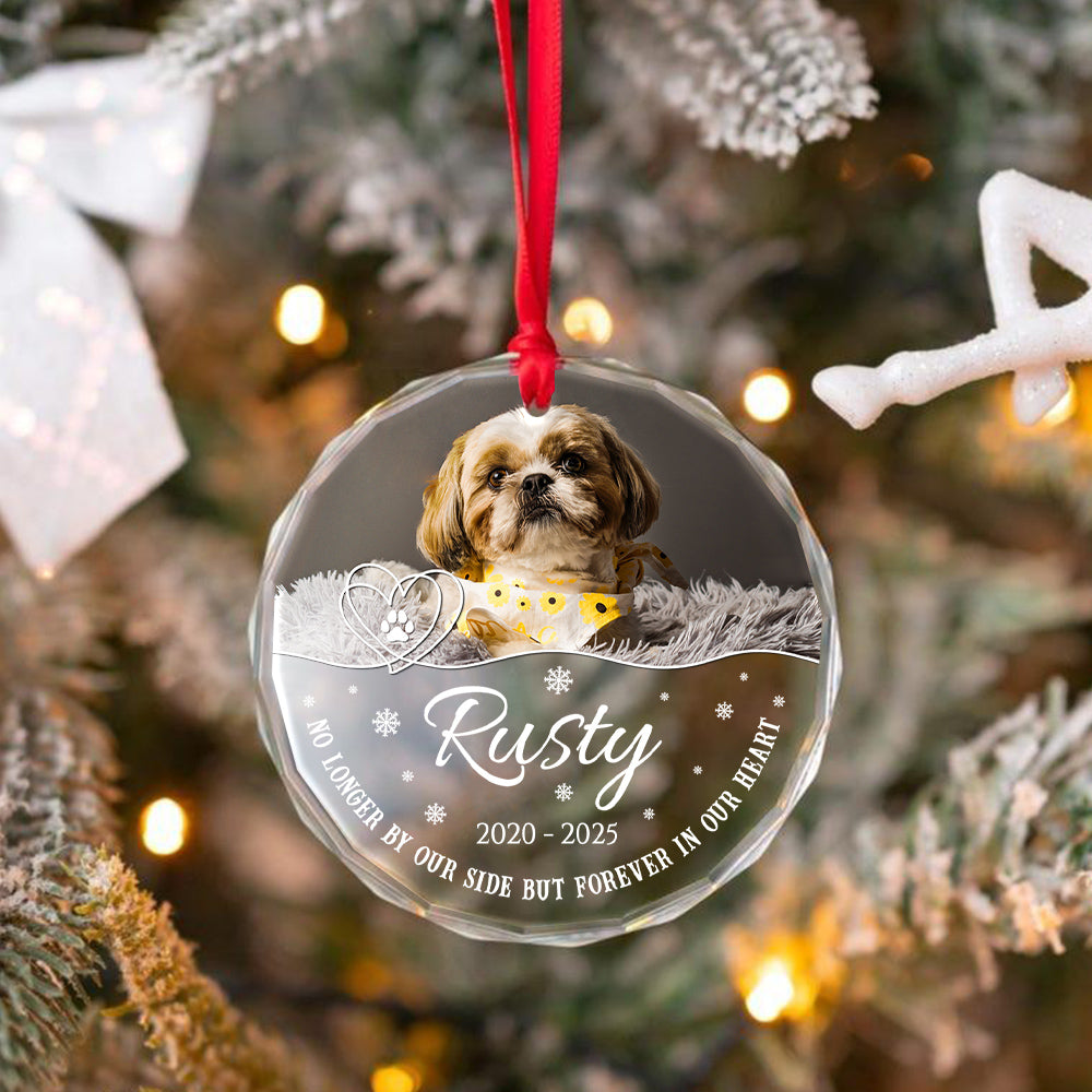 No Longer By Our Side But Forever In Our Heart Glass Circle Ornament, Personalized Pet Memorial Ornament With Photo, Gifts For Loss Of Dog, Tree Decor Christmas Keepsake, Pet Loss Gifts