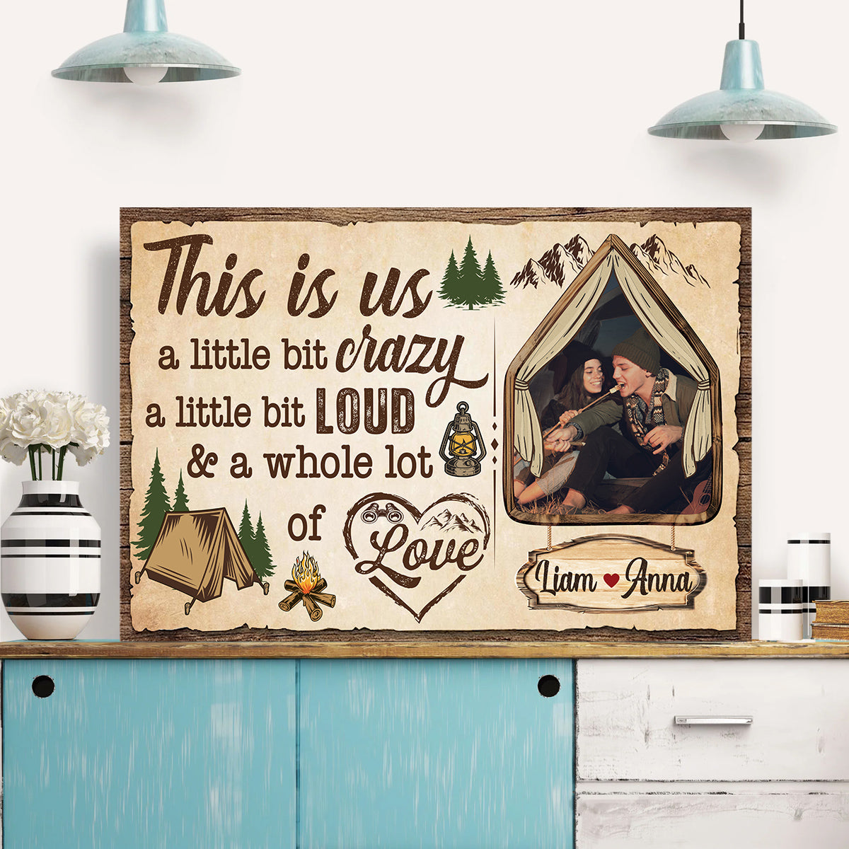 Rustic Tent Camping Couple Canvas Print, A Whole Lot Of Love Wording, Personalized Name Cabin Home Decor Canvas Wall Art, Gifts For Him Her Poster Prints Decor, Gifts For Valentine