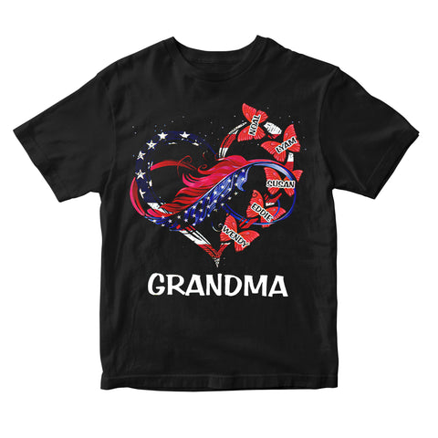 Personalized T-Shirt For Grandma Nana From Grandkids Funny Gifts For Grandma Mimi Flag Butterflies And Heart Love Grandkids Custom Name Short Sleeve Tee Shirt For 4Th July