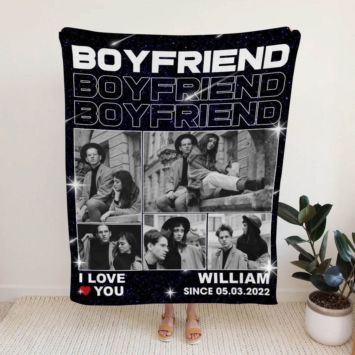 Gifts For Couple, Boyfriend Photo Collage Blanket, Personalized Name And Year, Black With Multiple Photos Gifts For Him Her Fleece Sherpa Blanket Valentine Anniversary