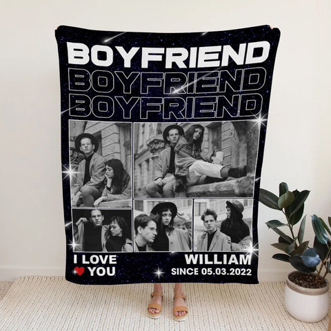 Gifts For Couple, Boyfriend Photo Collage Blanket, Personalized Name And Year, Black With Multiple Photos Gifts For Him Her Fleece Sherpa Blanket Valentine Anniversary