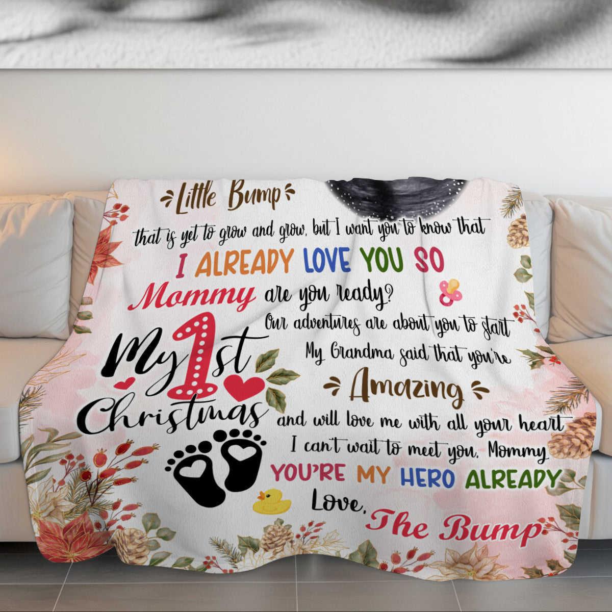Mommy Are You Ready Baby Ultrasound With Ball Hanging Tree, First Christmas Sonogram Blanket, Expecting Mother Milestone, Holiday Keepsake, Personalized Photo Blanket, Gifts For Mom