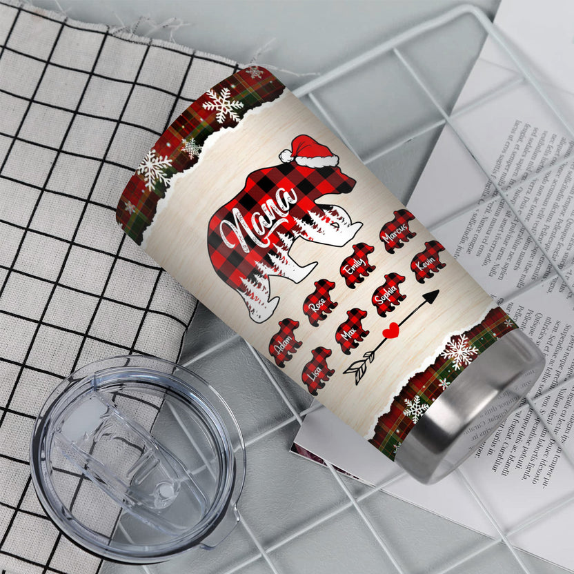 Nana Bear Travel Tumbler, Personalised Christmas Santa Hat Name Cup, Custom Grandkids Drinkware Cup, Cute Red Buffalo Plaid Family Name Travel, Personalized Tumbler, Gifts For Nana