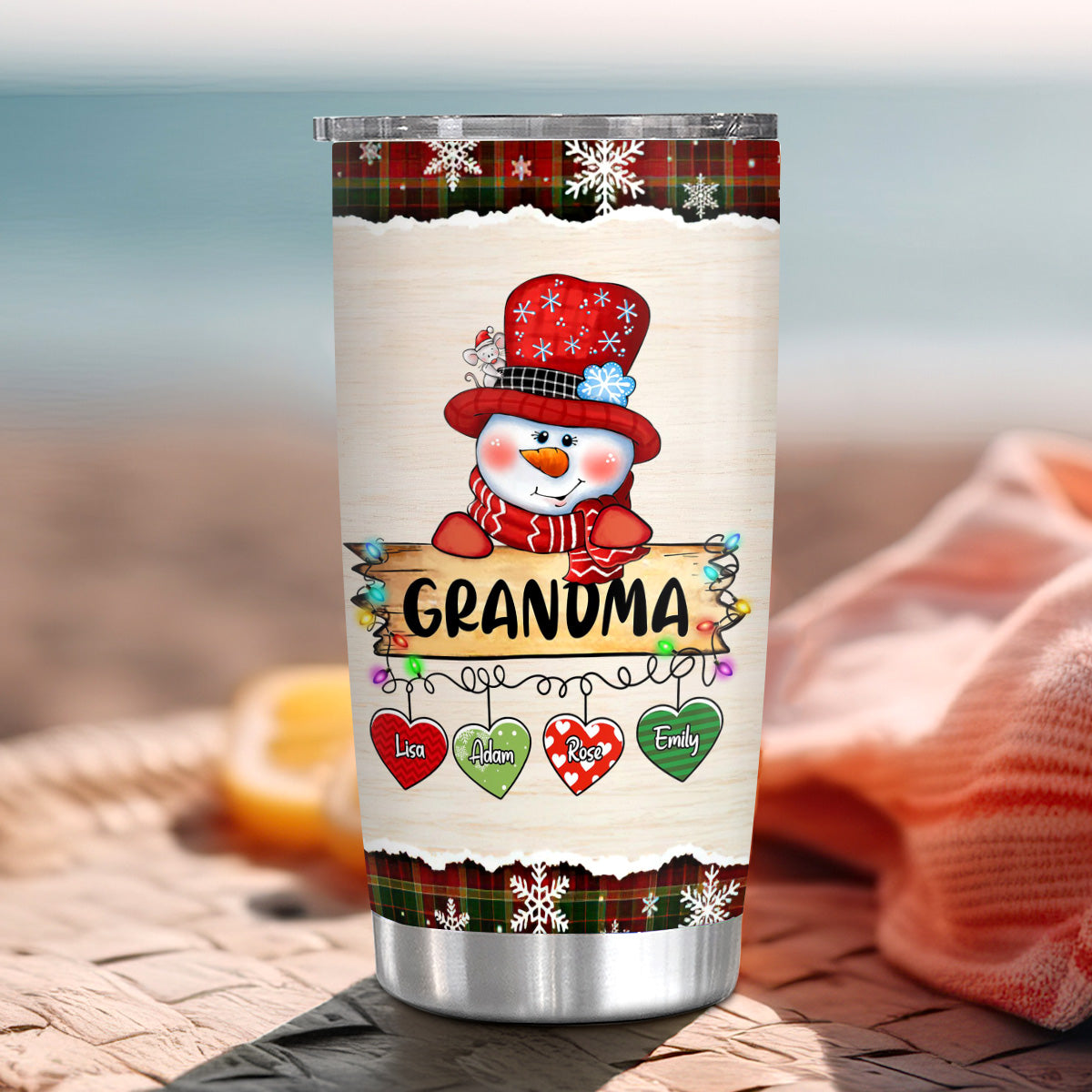 Custom Grandma Tumbler, Christmas String Lights Grandchildren Name, Winter Drinkware Cup, Personalised Grandma Xmas Stainless Steel Cup, Personalized Tumbler, Gifts For Nana Grandmother
