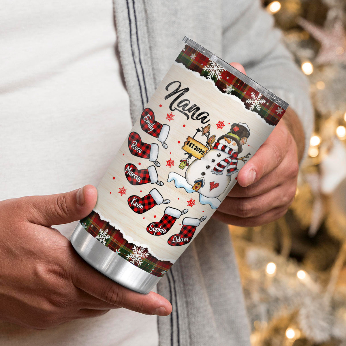 Grandma Gifts, Nana Established Name Tumbler, Personalized Christmas Family Cup, Plaid Stockings Drinkware, Christmas Tumbler, Checkered Stockings Family Names, Personalized Tumbler, Gifts For Nana From Grandkids, 20oz With Lid Travel Cup, Gifts For Mothe