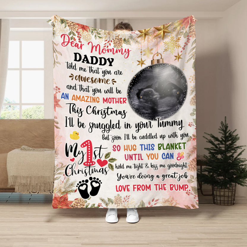 This Christmas I'll Be Snuggled In Your Tummy Baby Ultrasound With Ball Hanging Tree, Dear Mommy Pregnancy Christmas Blanket, Ultrasound Keepsake, Personalized Photo Blanket For Mom