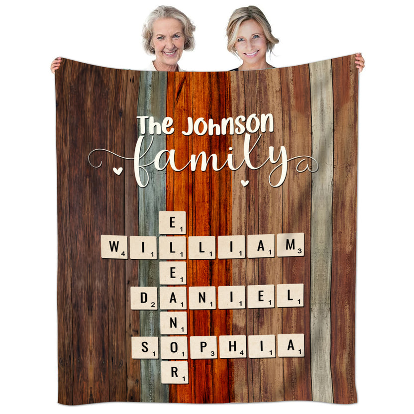 Crossword Style Name Layout, Rustic Wood Background Cozy Blanket, Family Blanket With Personalized Name, Personalized Family  Gifts For Mom Dad From Daughter Son Children