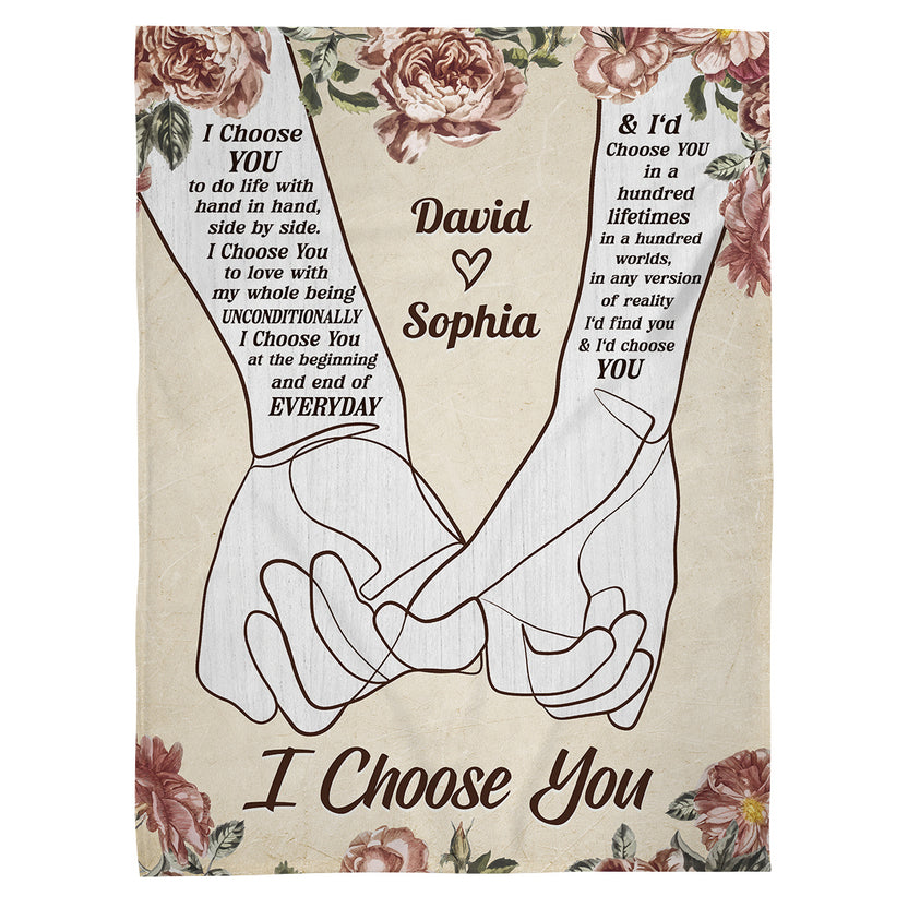 Couple Holding Hands Floral Vintage I'd Find You & I'd Choose You, Personalized Blanket, Gifts For Him Her From Honey, Custom Fleece Sherpa Blanket, Gifts For Valentine Anniversary