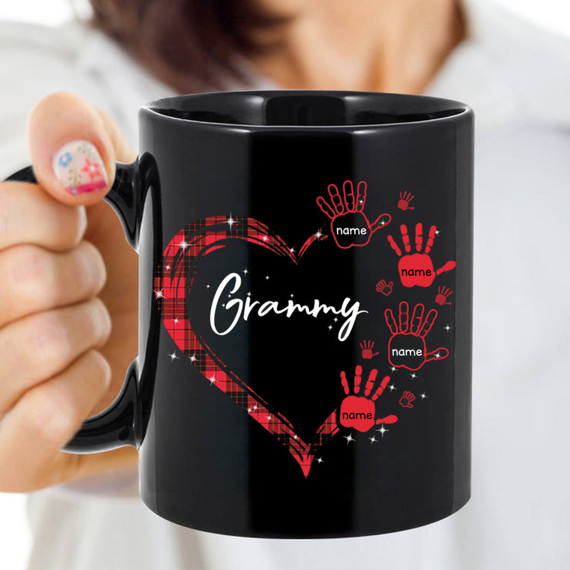 Personalized Coffee Mug For Grandmother From Grandchild Grammy Red Plaid Handprints Heart Custom Grandkids Name 11 15Oz Ceramic Black Cup Gifts For Grandma For Mothers Day Birthday
