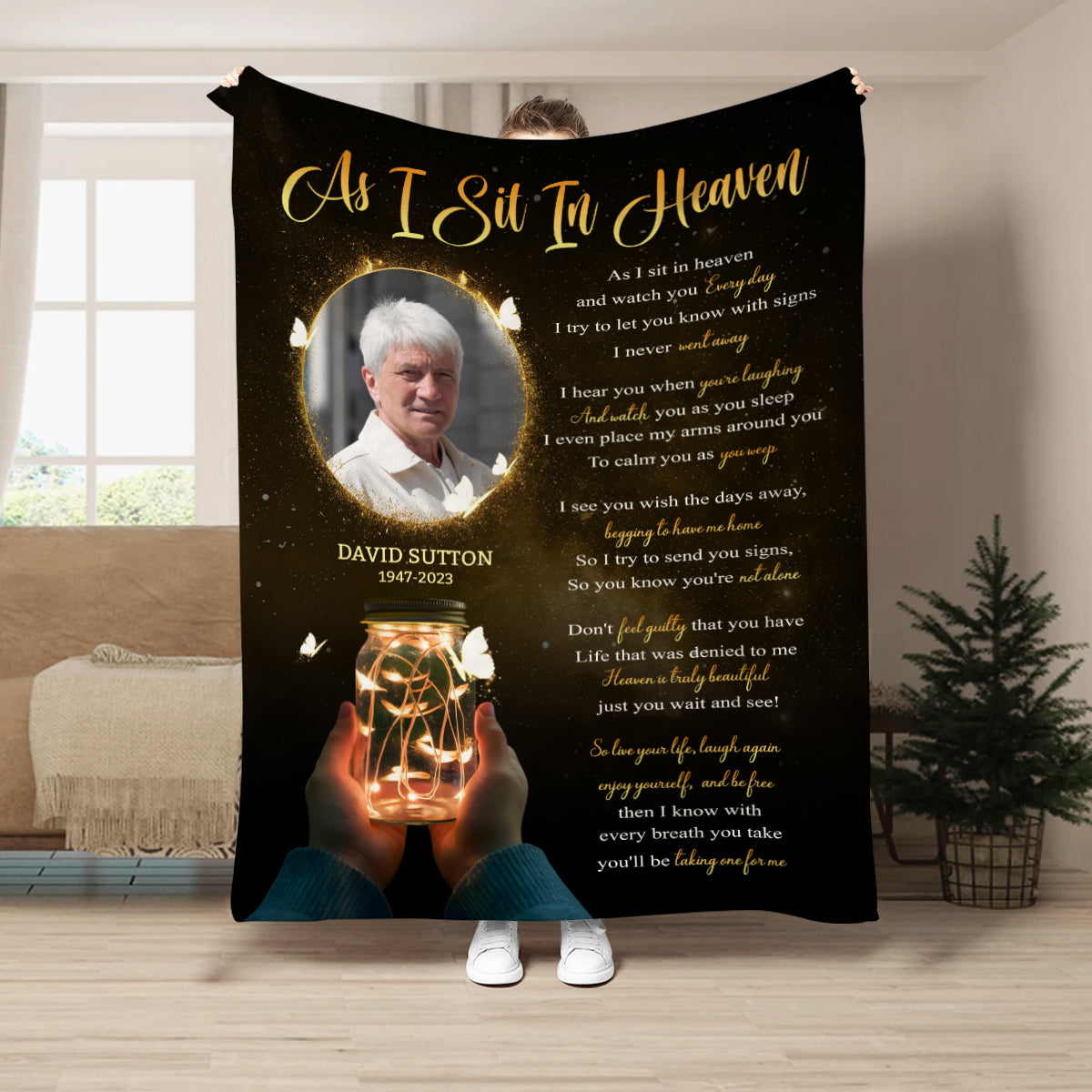 Sympathy Gifts, Personalized Memorial Blanket With Photo, Remembrance Blanket, Memorial Message From Above, Heaven Remembrance, Glowing Jar With Butterflies, Portrait Tribute Style