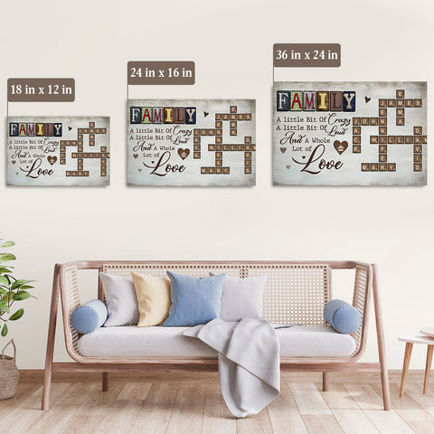 Family Little Bit Crazy A Little Bit Of Loud And Whole Lot Of Love Crossword Art Poster, Personalized Canvas Wall Art, Gifts For Mom Dad, Poster Prints Home Decor, Family Wall Decor