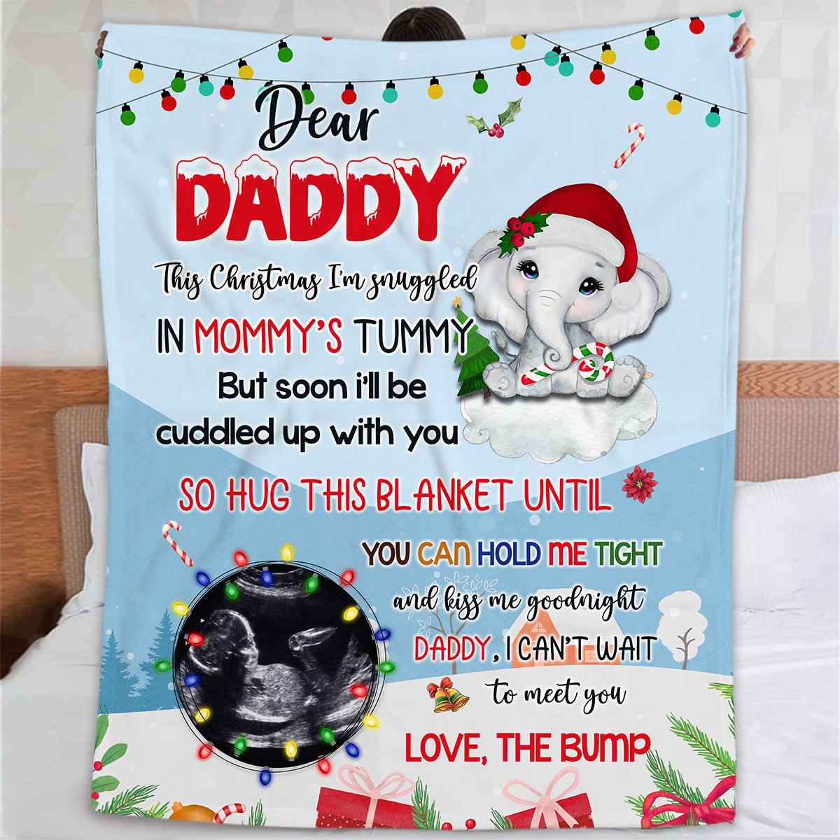 New Dad Gifts, Dear Daddy This Christmas I'm Snuggled In Mommy's Tummy Elephant Baby Ultrasound Photo , Personalized Blanket With Photo, Gifts For New Daddy, Fleece Sherpa Blanket