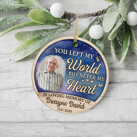 Bereavement Gifts, Personalized Photo Memorial Ornament, You Left World But Never My Heart Wooden Background, Gifts For Loss Of Loss Of Loved, Xmas Tree Decoration, Memorial Keepsake
