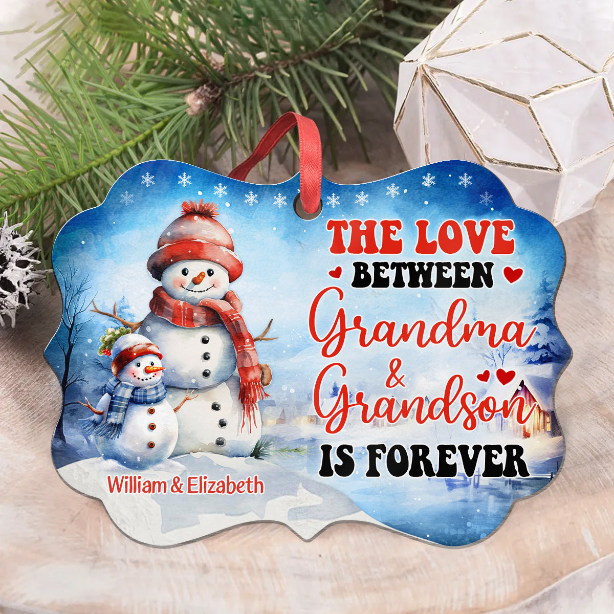 Grandma Gifts, Cute Xmas Winter The Love Between Grandma & Grandson Is Forever, Personalized Ornament, Gifts For Gigi From Grandkids, Xmas Tree Hanging Medallion Aluminum Ornament