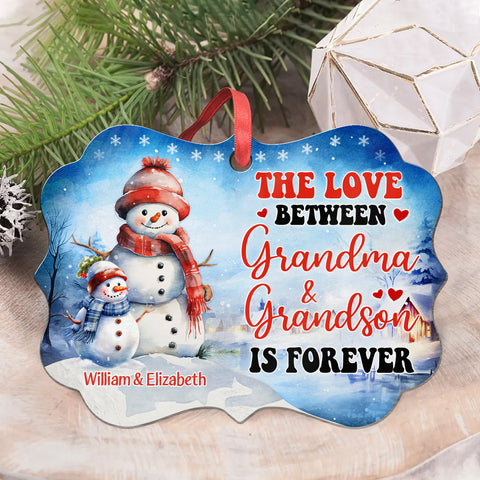 Grandma Gifts, Cute Xmas Winter The Love Between Grandma & Grandson Is Forever, Personalized Ornament, Gifts For Gigi From Grandkids, Xmas Tree Hanging Medallion Aluminum Ornament