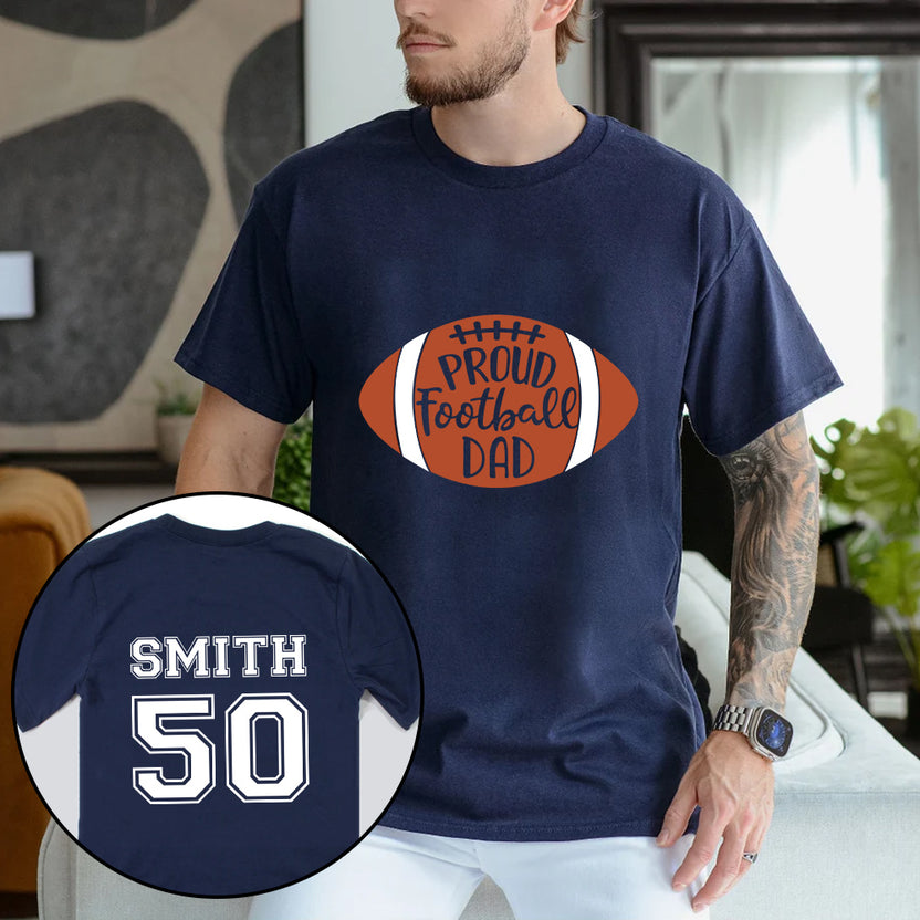 Personalized T-Shirt For Mom Dad From Son Boy Kids Football Gifts Ideas Proud Football Dad Cheer Football Family Member Custom Title And Number Short Sleeve Tops Tee Shirt For Birthday