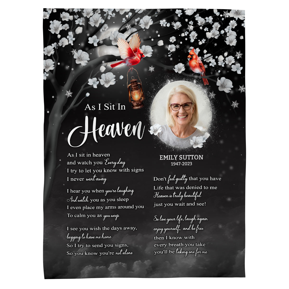 Sympathy Gifts, Memorial Blanket With Photo, In Memory Blanket, Heaven Watching Over Message, Portrait Photo Area, Lantern And Red Birds Artwork, Comfort Verse About Heaven, Loss Of Mom