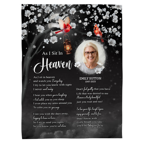 Sympathy Gifts, Memorial Blanket With Photo, In Memory Blanket, Heaven Watching Over Message, Portrait Photo Area, Lantern And Red Birds Artwork, Comfort Verse About Heaven, Loss Of Mom