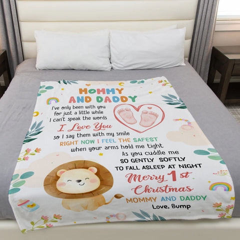 Merry 1st Christmas Mommy Daddy I've Only Been With You A While Footprint Baby Lion, Personalized Blanket, Gifts For New Parents, Fleece Sherpa Blanket, New Parents Xmas Christmas