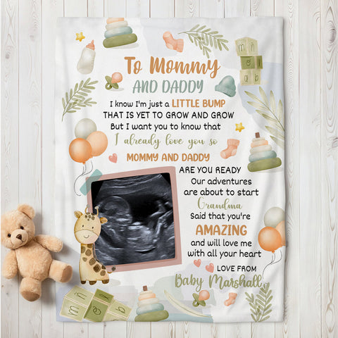 Cute Giraffe Hi Mommy And Daddy Blanket Custom Ultrasound Picture For Mom To Be New Dad From Baby Bump Personalized Blanket