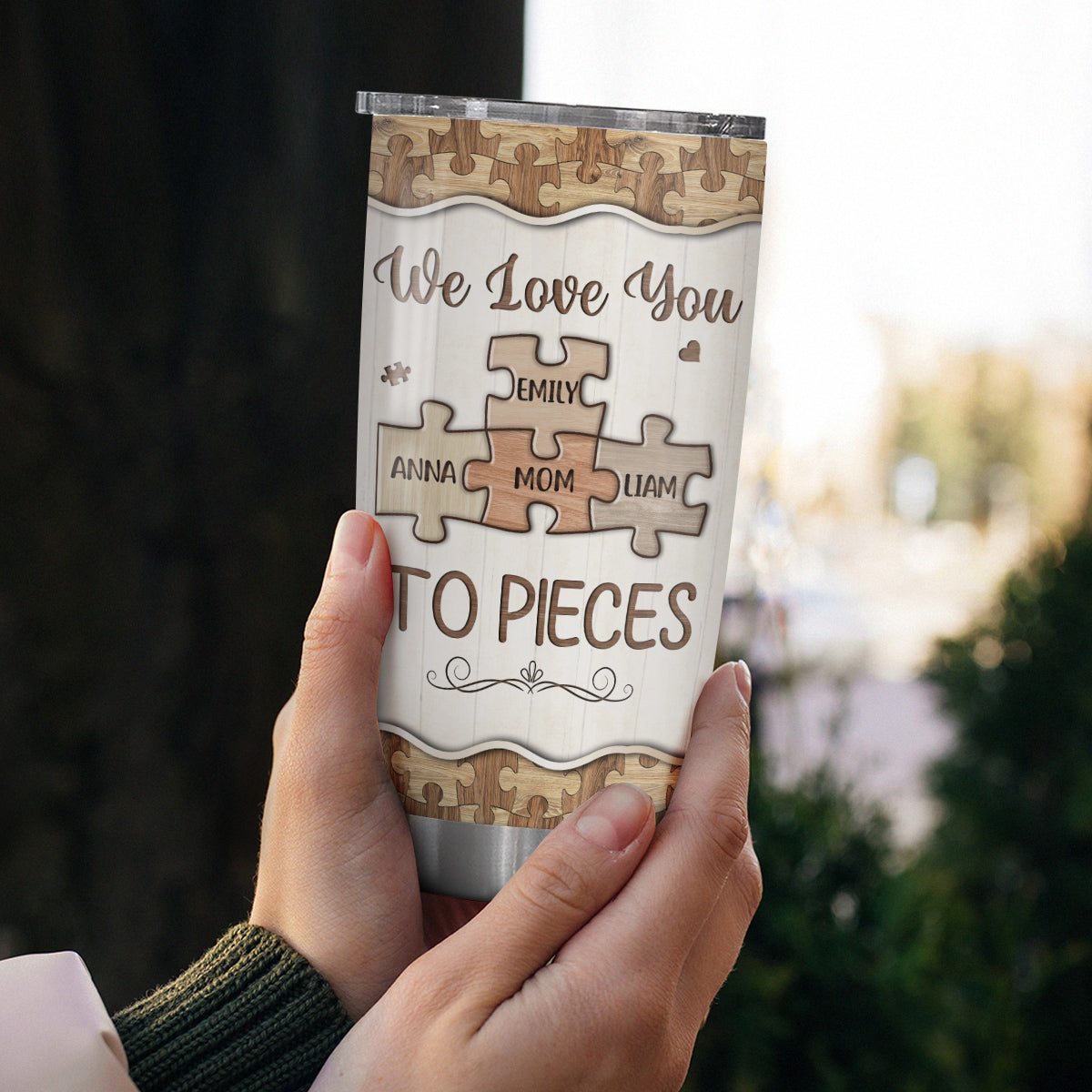 Unique Gifts For Mom, We Love Mom To Pieces Wooden Piece , Personalized Tumbler, Gifts For Mommy Women From Kids Children, 20oz With Lid Travel Cup Birthday Mothers Day