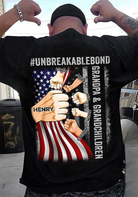 Personalized Shirt For Papa From Grandkids Custom Name Grandpa & Grandsons Granddaughters Unbreakable Bond Flag Back Side T-Shirt Papa Gifts Shirts For Men Family On Christmas