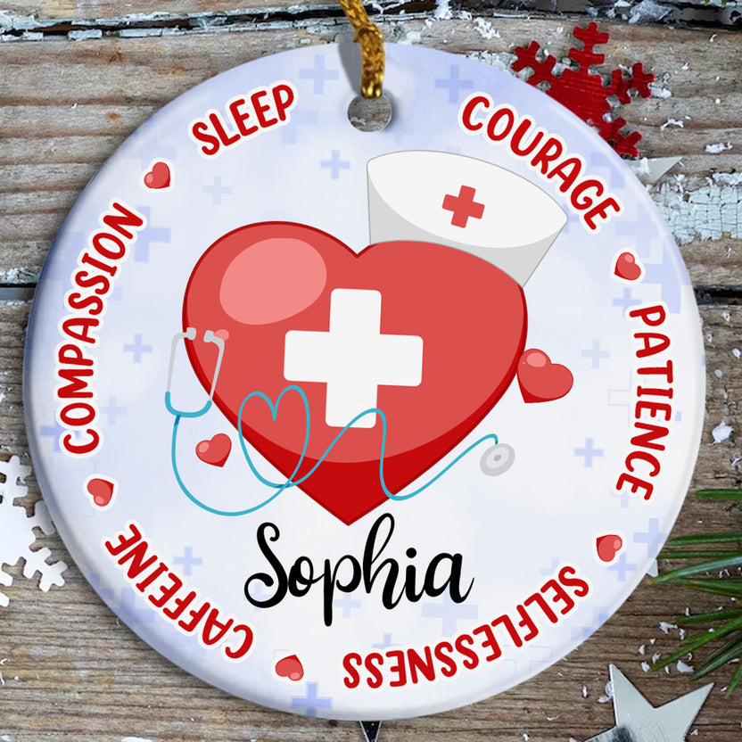 Personalized Nurse Ceramic Ornaments For Christmas Tree, Compassion, Sleep, Courage, Patience, Selflessness, Christmas Ornament For Women Men, Xmas Tree Hanging, Nurse Graduation Gifts