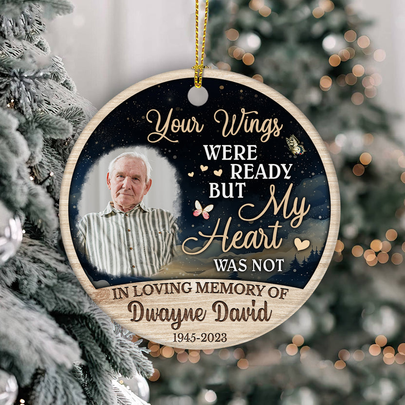 Sympathy Gifts, Personalized Photo Memorial Ornament, Your Wings Were Ready But Hearts Was Not Butterflies Hearts Wooden Background, Gifts For Loss Of Mom Dad, Xmas Tree Decoration