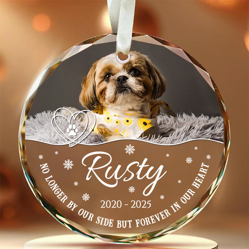No Longer By Our Side But Forever In Our Heart Glass Circle Ornament, Personalized Pet Memorial Ornament With Photo, Gifts For Loss Of Dog, Tree Decor Christmas Keepsake, Pet Loss Gifts