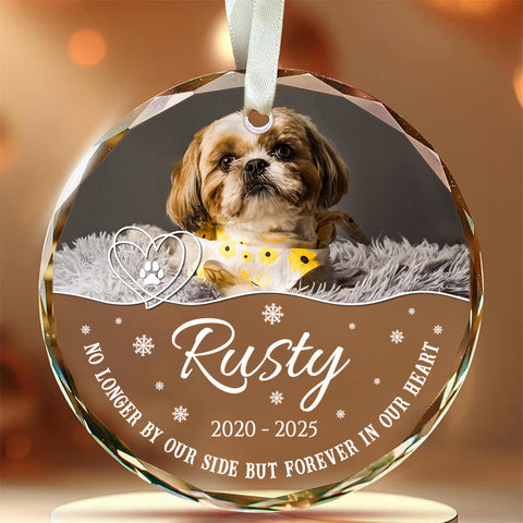 No Longer By Our Side But Forever In Our Heart Glass Circle Ornament, Personalized Pet Memorial Ornament With Photo, Gifts For Loss Of Dog, Tree Decor Christmas Keepsake, Pet Loss Gifts