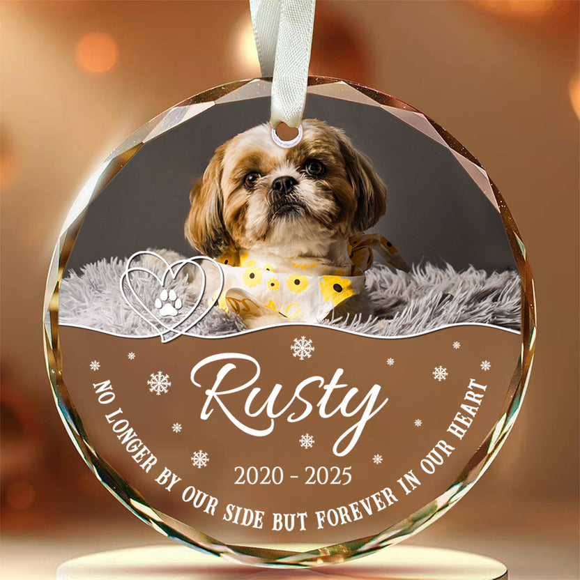 No Longer By Our Side But Forever In Our Heart Glass Circle Ornament, Personalized Pet Memorial Ornament With Photo, Gifts For Loss Of Dog, Tree Decor Christmas Keepsake, Pet Loss Gifts