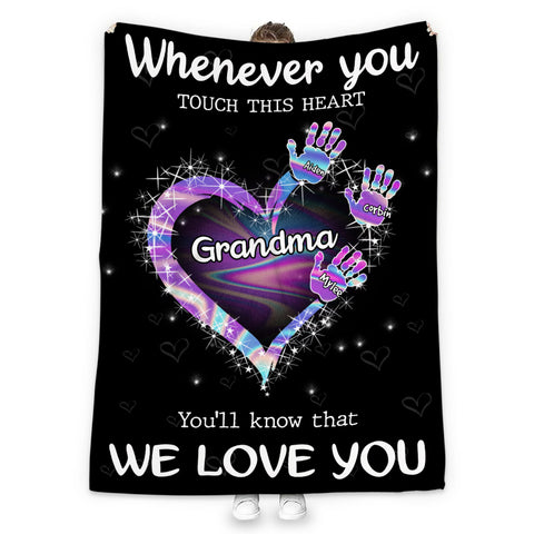 Grandma Gifts, Whenever You Touch This Heart Handprints, Personalized Blanket, Gifts For Grammy From Grandson Custom Fleece Sherpa Blanket, Gifts For Christmas Xmas Birthday Mothers Day