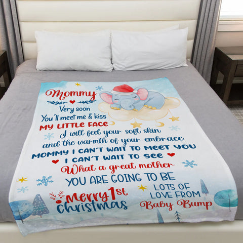 Gifts For New Mom, Mommy I Can't Wait To Meet You Snowflakes Elephant Sleeping In Moon, Personalized Blanket, Gifts For New Mommy, Fleece Sherpa, New Mom Blanket, Gifts For Xmas