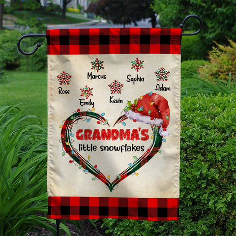 Custom Grandmas Little Snowflakes Flag, Christmas Plaid Heart Santa Hat Names Yard Sign, Holiday Season Lawn Decor, Custom Grandchildren Name Banner,  Gifts For Nana From Grandkids