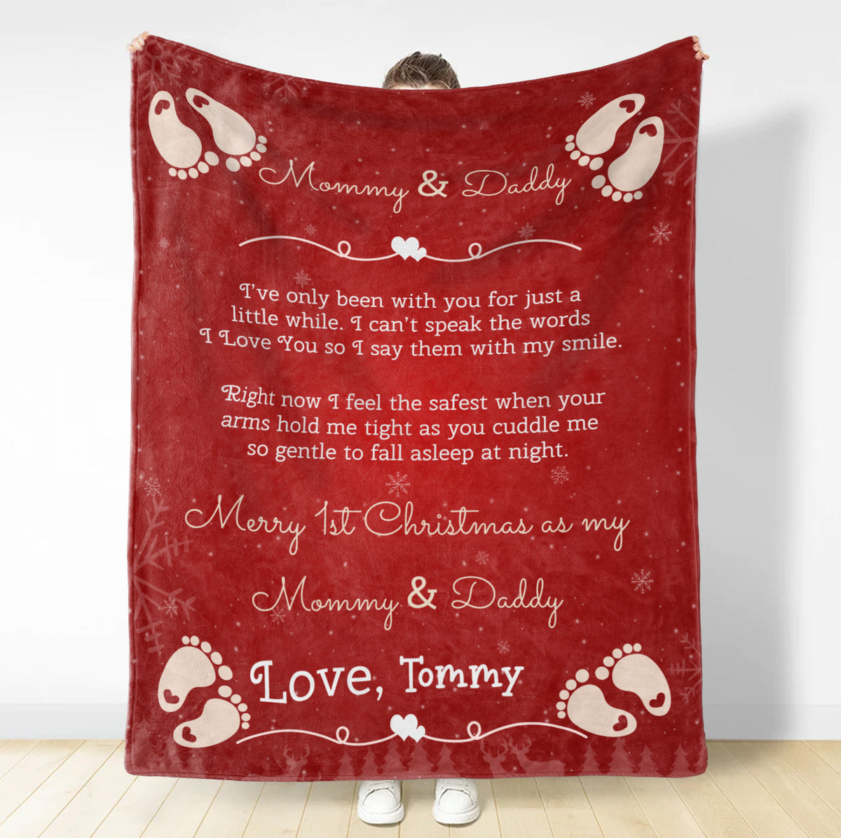 Personalized Blanket For 1st Time Mom Dad From New Born Merry 1st Christmas As Mommy And Daddy Cute Feet Print Custom First Time Mom Gifts Fleece Blanket For Christmas Gender Reveal