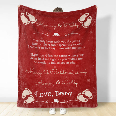 Personalized Blanket For 1st Time Mom Dad From New Born Merry 1st Christmas As Mommy And Daddy Cute Feet Print Custom First Time Mom Gifts Fleece Blanket For Christmas Gender Reveal
