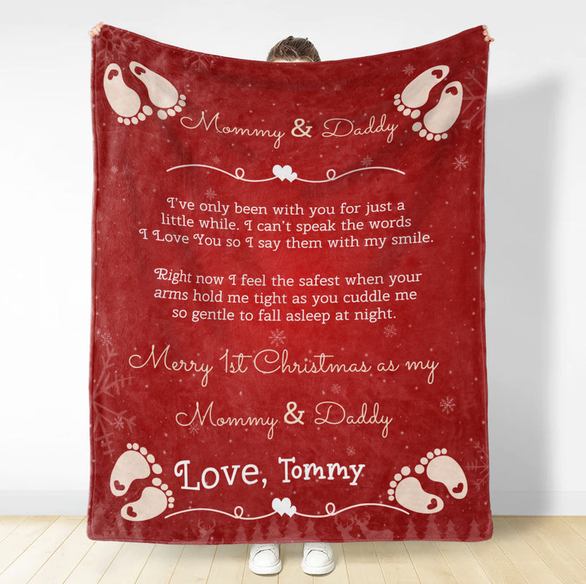 Personalized Blanket For 1st Time Mom Dad From New Born Merry 1st Christmas As Mommy And Daddy Cute Feet Print Custom First Time Mom Gifts Fleece Blanket For Christmas Gender Reveal