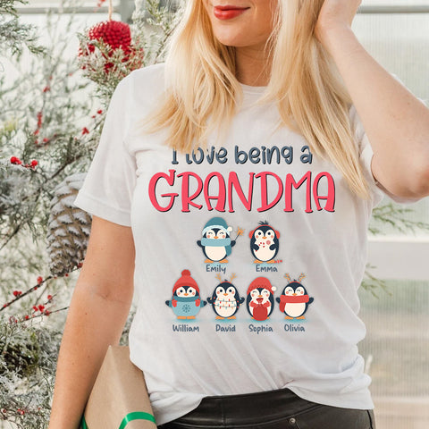 Personalized T-Shirt For Grandmother From Grandchildren Gifts For Grandparents Cute Baby Penguin I Love Being A Grandma Custom Name Short Sleeve Tee Shirt For Christmas Xmas Birthday