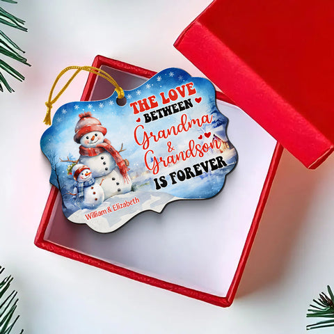 Grandma Gifts, Cute Xmas Winter The Love Between Grandma & Grandson Is Forever, Personalized Ornament, Gifts For Gigi From Grandkids, Xmas Tree Hanging Medallion Aluminum Ornament