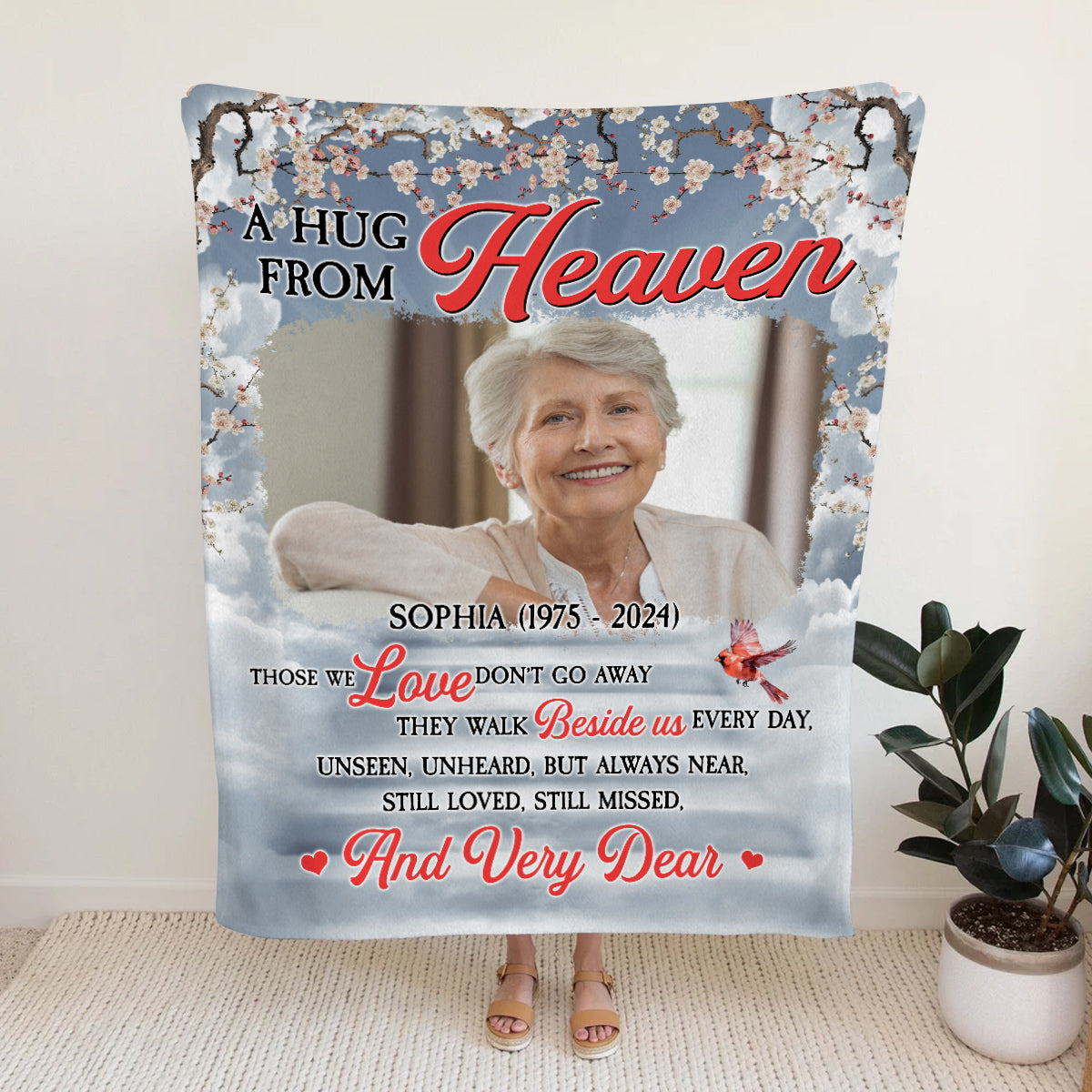 Sympathy Gifts, Personalized Memorial Blanket With Photo, A Hug From Heaven Those Love Don't Go Red Bird, Loss Of Grandma Mother Blanket, Fleece Sherpa, Grieving Gifts For Anniversary