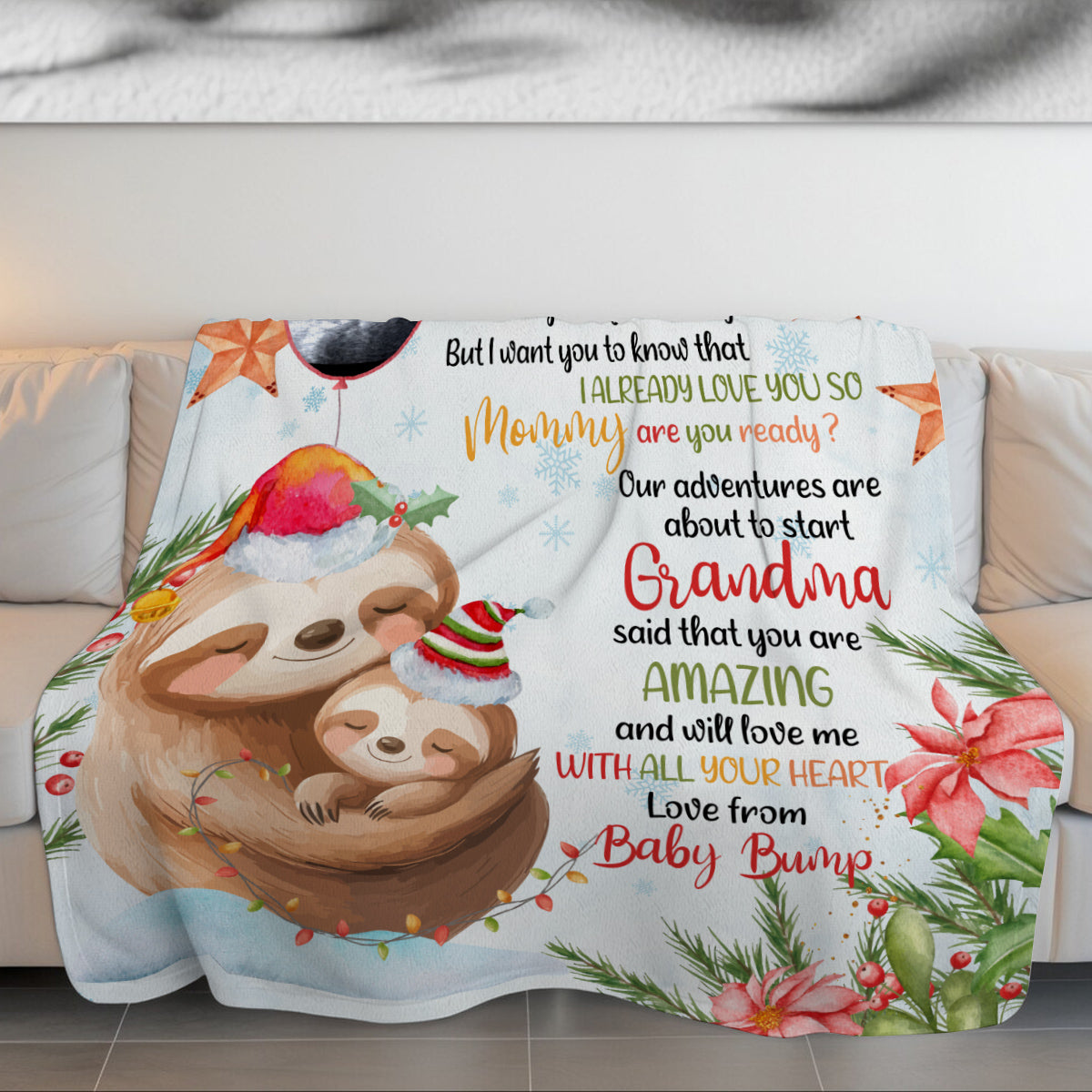 Personalized Sloth Pregnancy Announcement Fleece Sherpa Blanket, Ultrasound Baby Bump Gifts For New Mom New Dad, Meaningful Baby Reveal Keepsake, Expecting Parents Christmas Presents