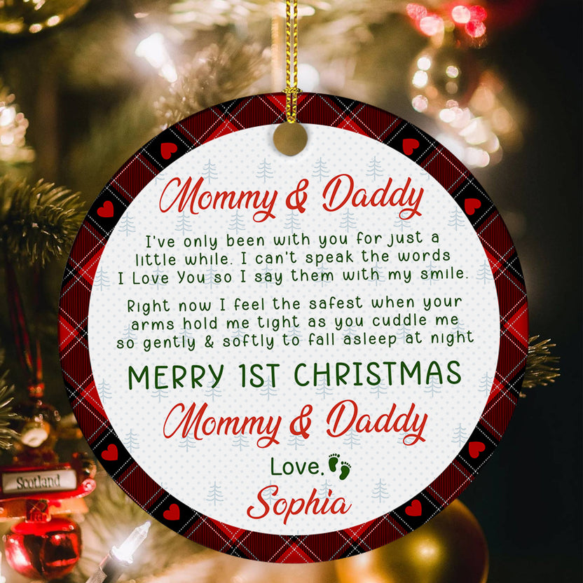 Merry 1st Christmas As Mommy And Daddy Red Plaid Pattern, Baby’s 1st Christmas Ornament, Personalized Newborn Gift, Custom Plaid Keepsake