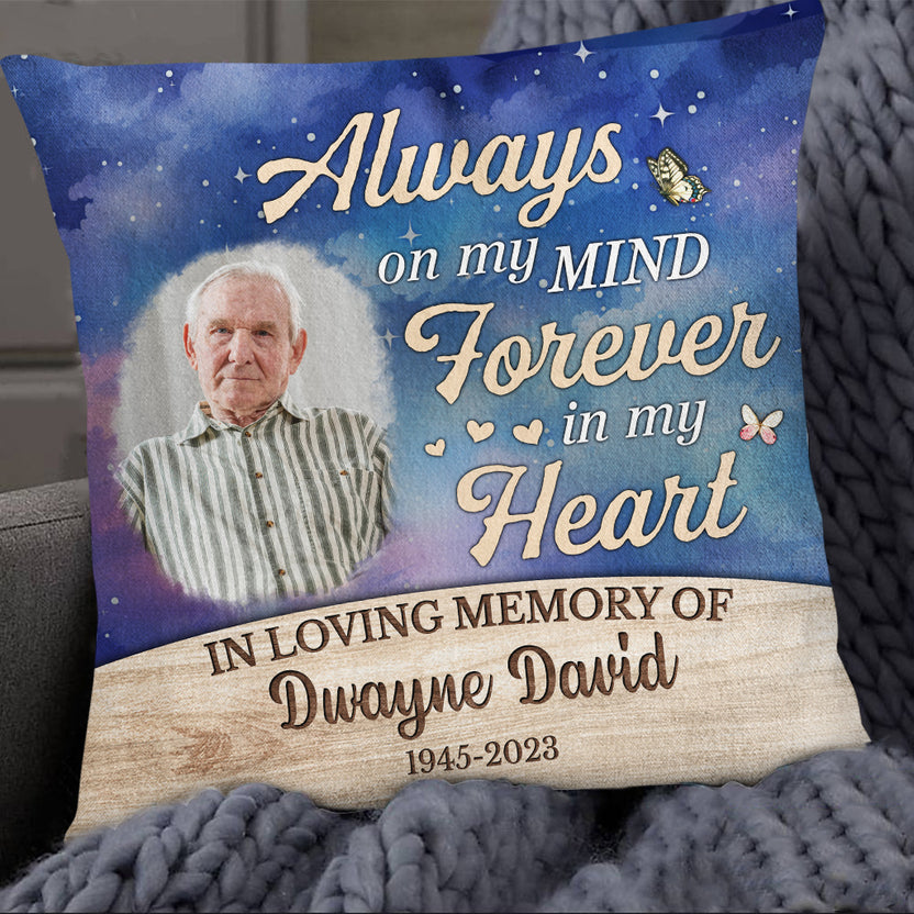 Memorial Gifts Ideas, Personalized Photo Memorial Square Pillow, Always In Mind Forever In Heart, Gifts For Loss Of Loss Of Loved, Sofa Couch Funeral Anniversary