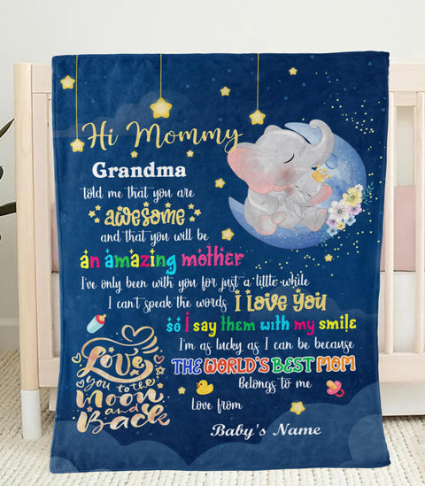 Personalized Blanket For New Mom From Baby Hi Mommy Grandma Told Me That Elephant 1St Mother's Day Cute Sleeping Custom Name Pregnancy Gifts Fleece Sherpa Blanket For Birthday Mothers Day