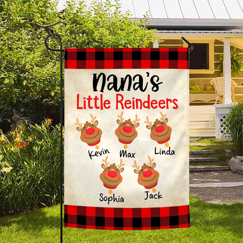 Nana's Little Reindeers Garden Flag, Custom Grandkids Names Outdoor Banner, Red Plaid Yard Decor, Christmas Reindeer Names Yard Sign, Holiday Decor Garden Flag, Gifts For Grandkids