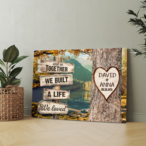 And So Together We Built A Life We Loved Custom Name & Date Heart Carving On Tree Rustic Wood Sign With Autumn Forest Poster