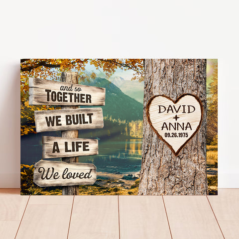 And So Together We Built A Life We Loved Custom Name & Date Heart Carving On Tree Rustic Wood Sign With Autumn Forest Poster