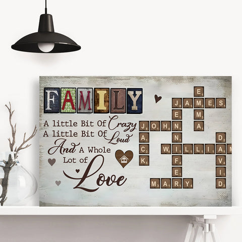 Family Little Bit Crazy A Little Bit Of Loud And Whole Lot Of Love Crossword Art Poster, Personalized Canvas Wall Art, Gifts For Mom Dad, Poster Prints Home Decor, Family Wall Decor