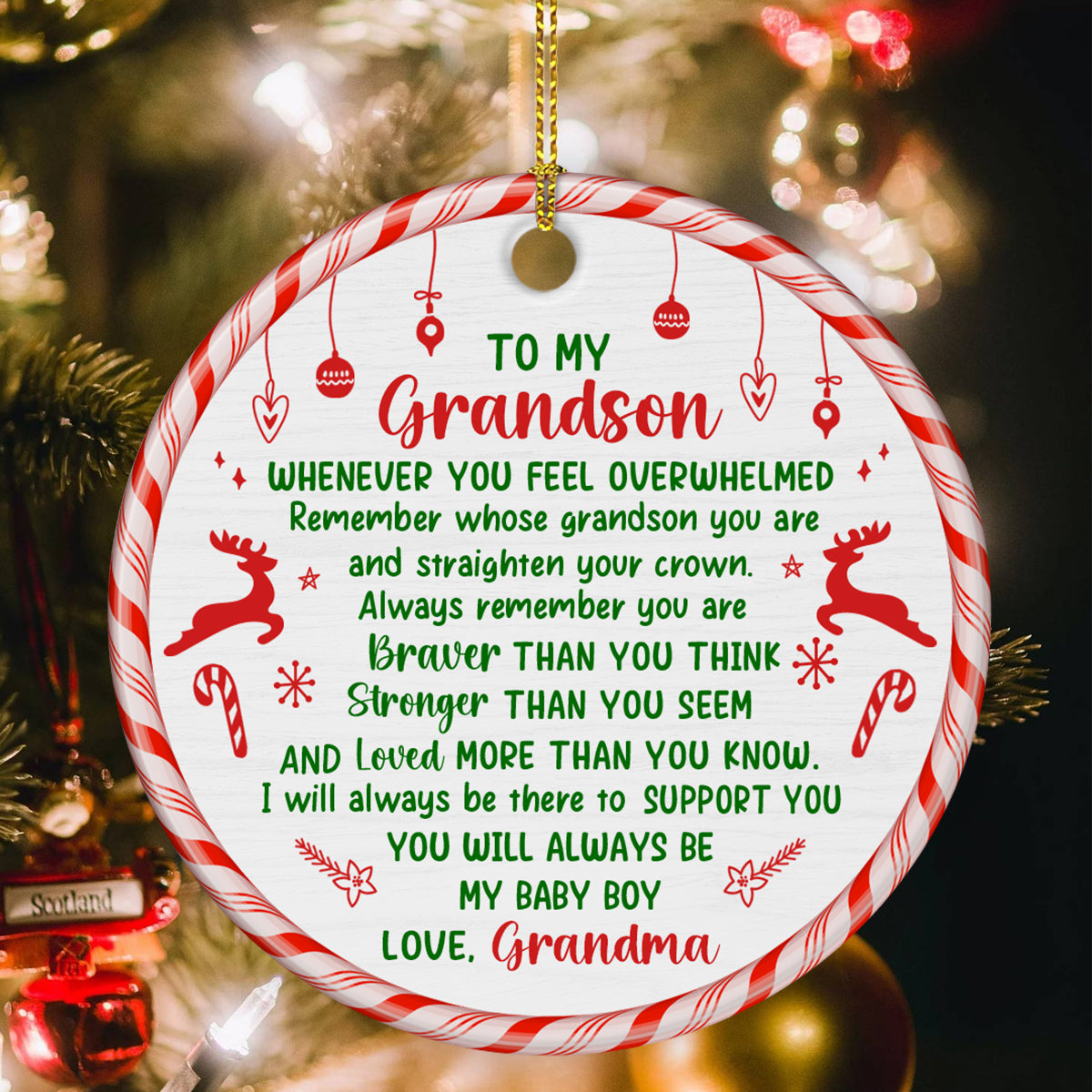 Grandsons Gifts, Remember Whose Grandson You Are Christmas Candy Cane Theme Circle Ceramic Ornament, Personalized Christmas Ornament, Gifts For Boys From Nana, Xmas Tree Decor